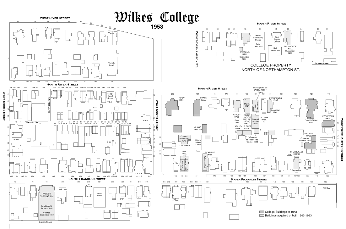 1953 map of Wilkes University campus